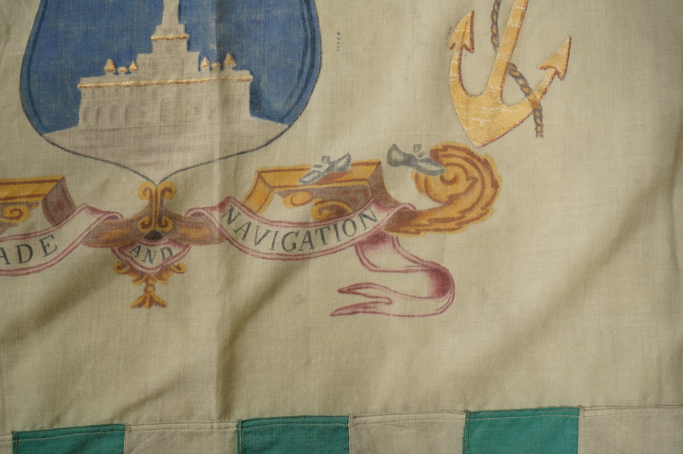 An unusual early 20th century hand painted British Royal Exchange Assurance Company ensign. Formed in 1720 it insured ships and goods at sea, fire for buildings and life insurance. The company merged with Guardian Assura
